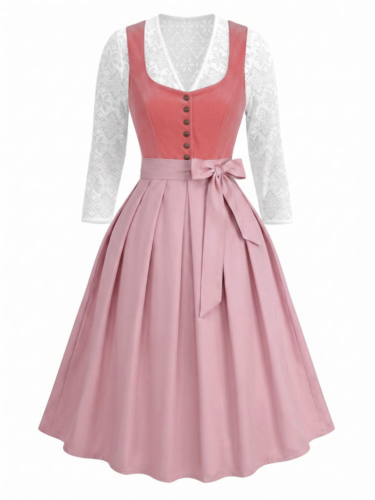 Pink 1950s Velvet Sweetheart Neck Dress & Apron & Lace Top