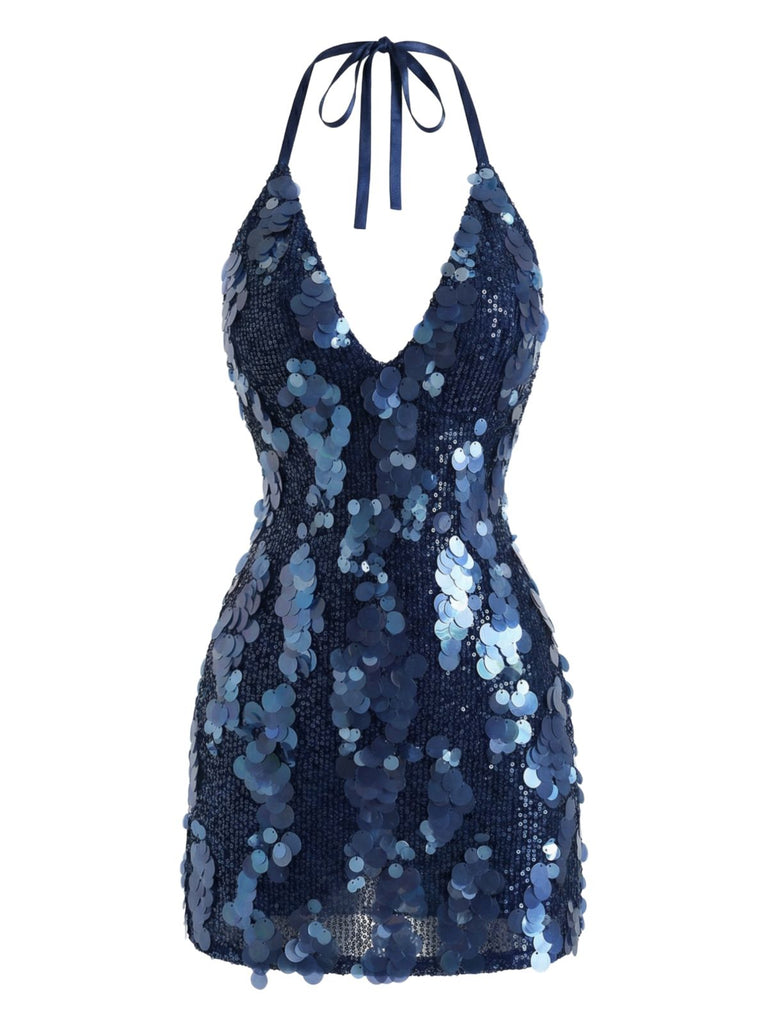 Dark Blue 2000s Solid Slip Sequined Dress