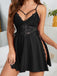 Black 1950s Solid Lace Deep V-Neck Nightdress