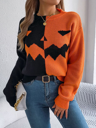 1940s Halloween Pumpkin Face ColorBlock Knit Sweater