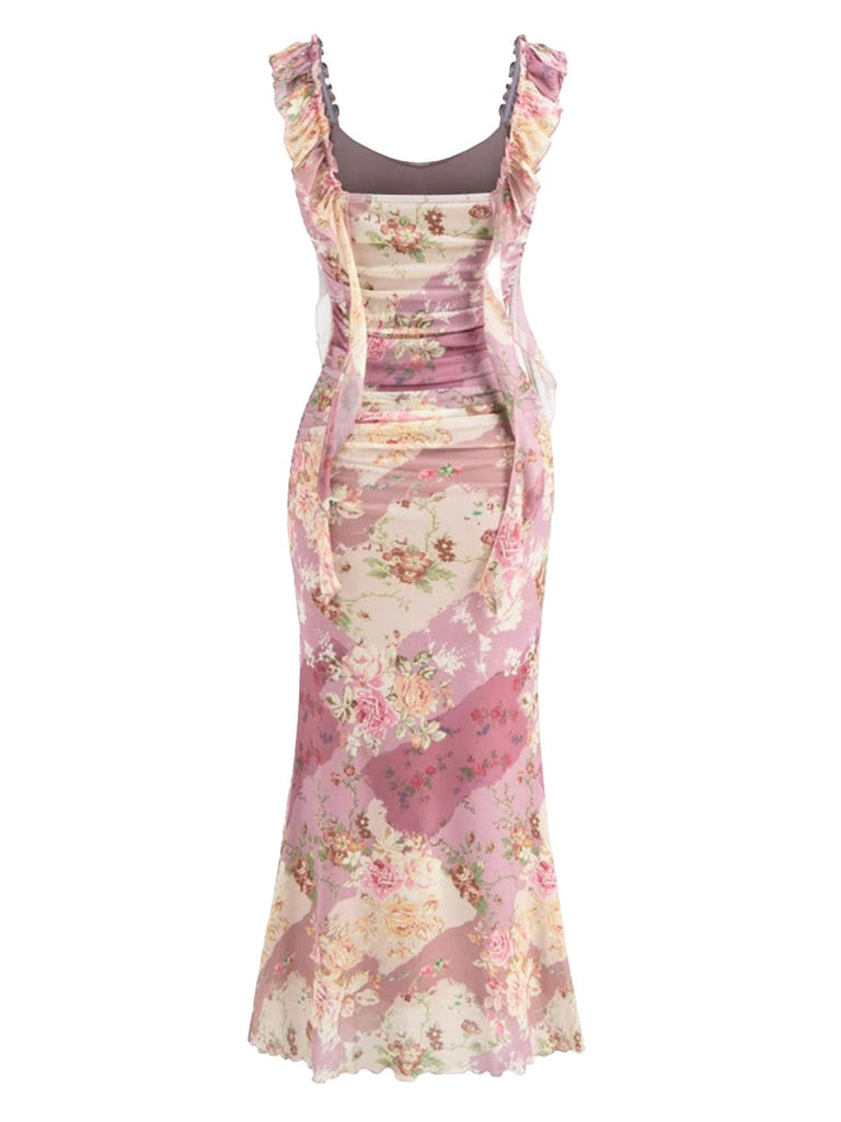 Rose Pink 1960s Floral Ruffle Detail Maxi Dress