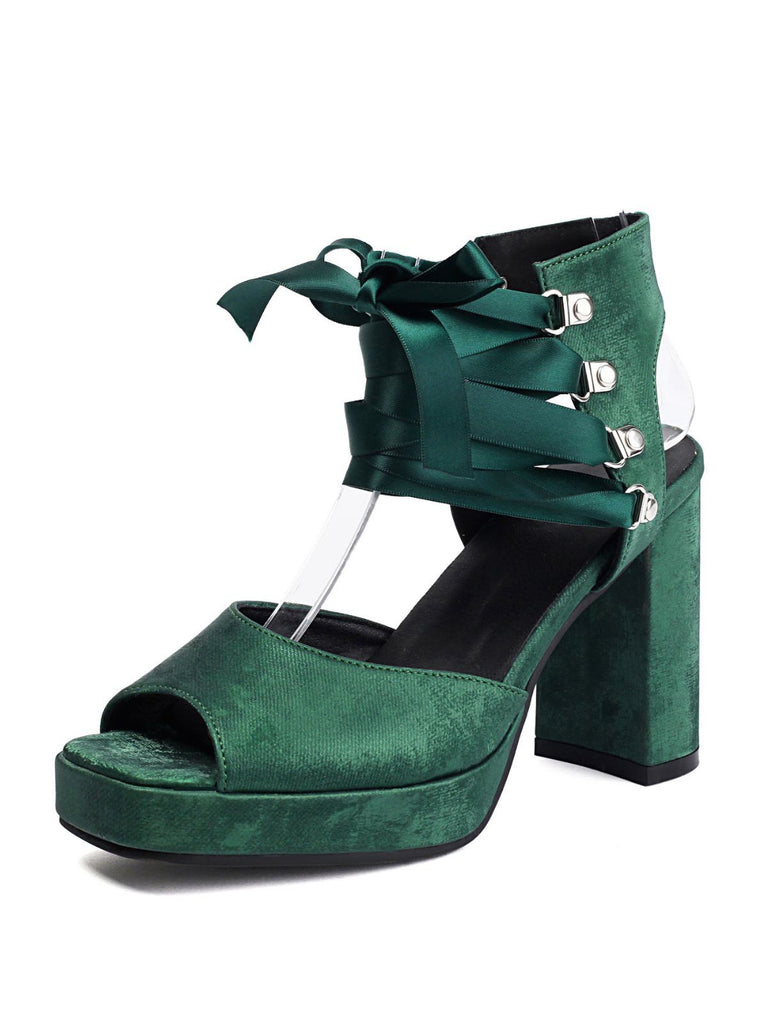 Ribbon Bow Lace-Up Chunky Heel Sandals