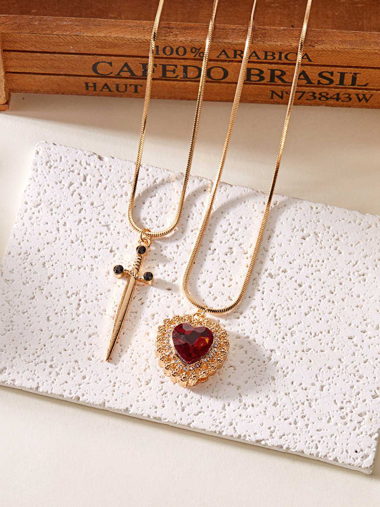 2PCS Vintage Rhinestone Heart-Shaped Ruby & Sword Necklace