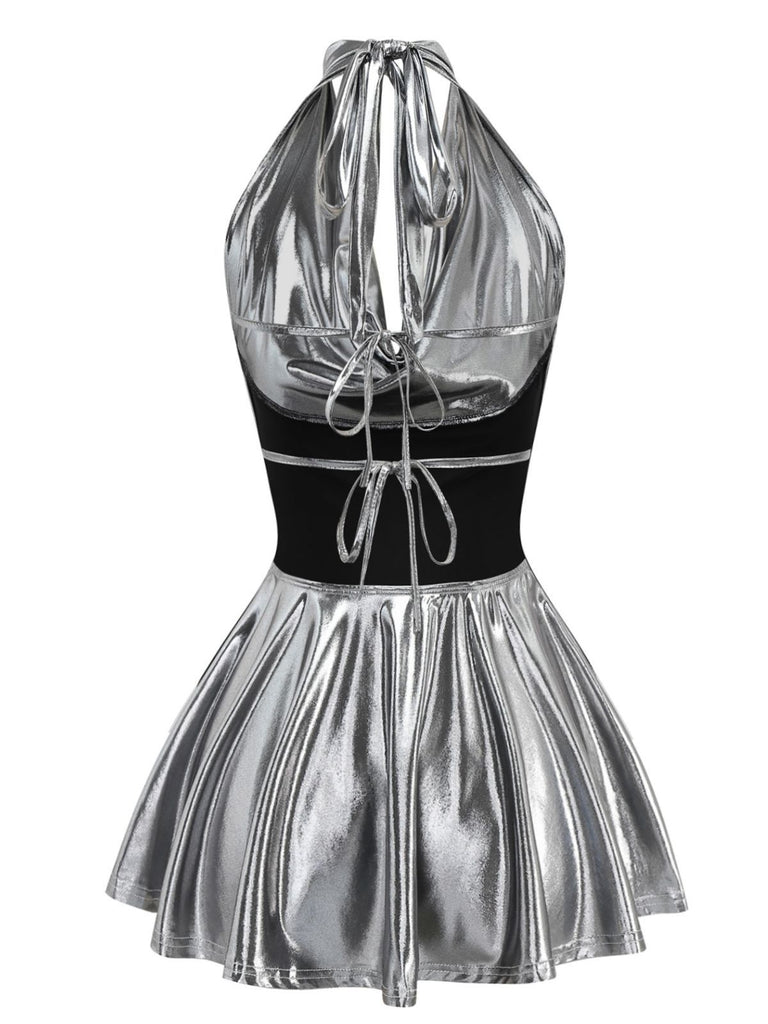 1970s Metallic V-Neck Pleated Mini Dress