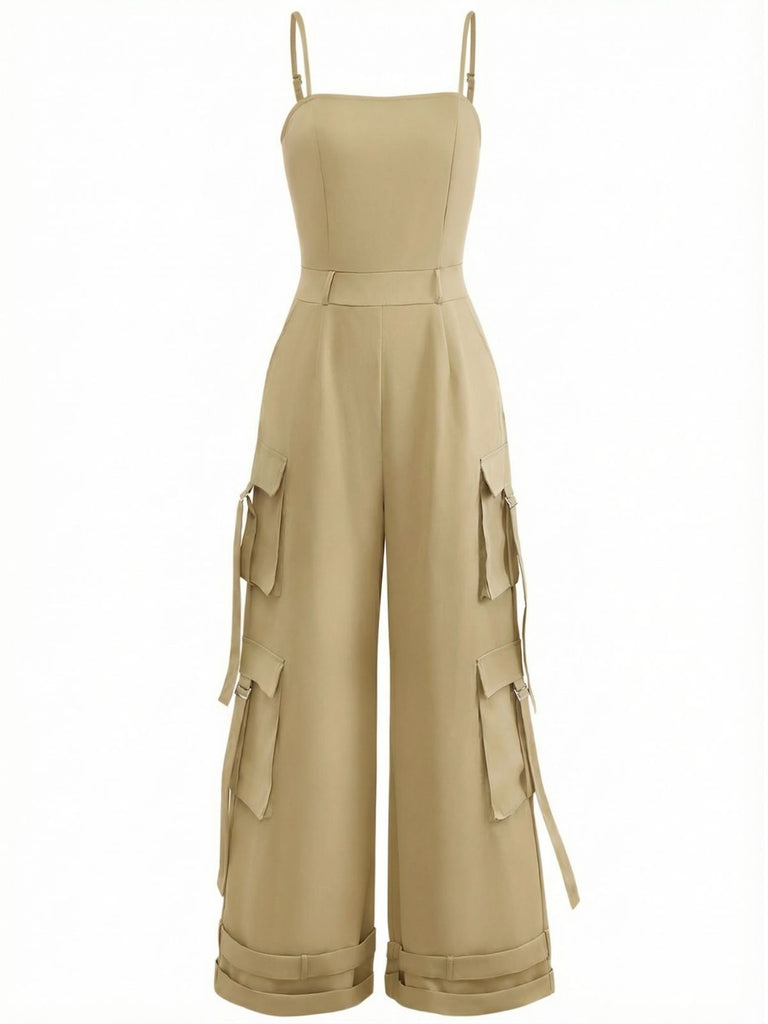 1970s Solid Spaghetti Strap Cargo Style Wide-Leg Jumpsuit