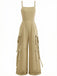 1970s Solid Spaghetti Strap Cargo Style Wide-Leg Jumpsuit