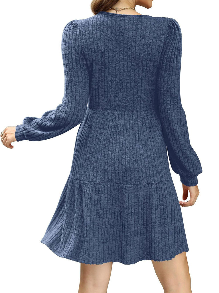 1950s Solid Ribbed Square Neck Long-Sleeve Dress