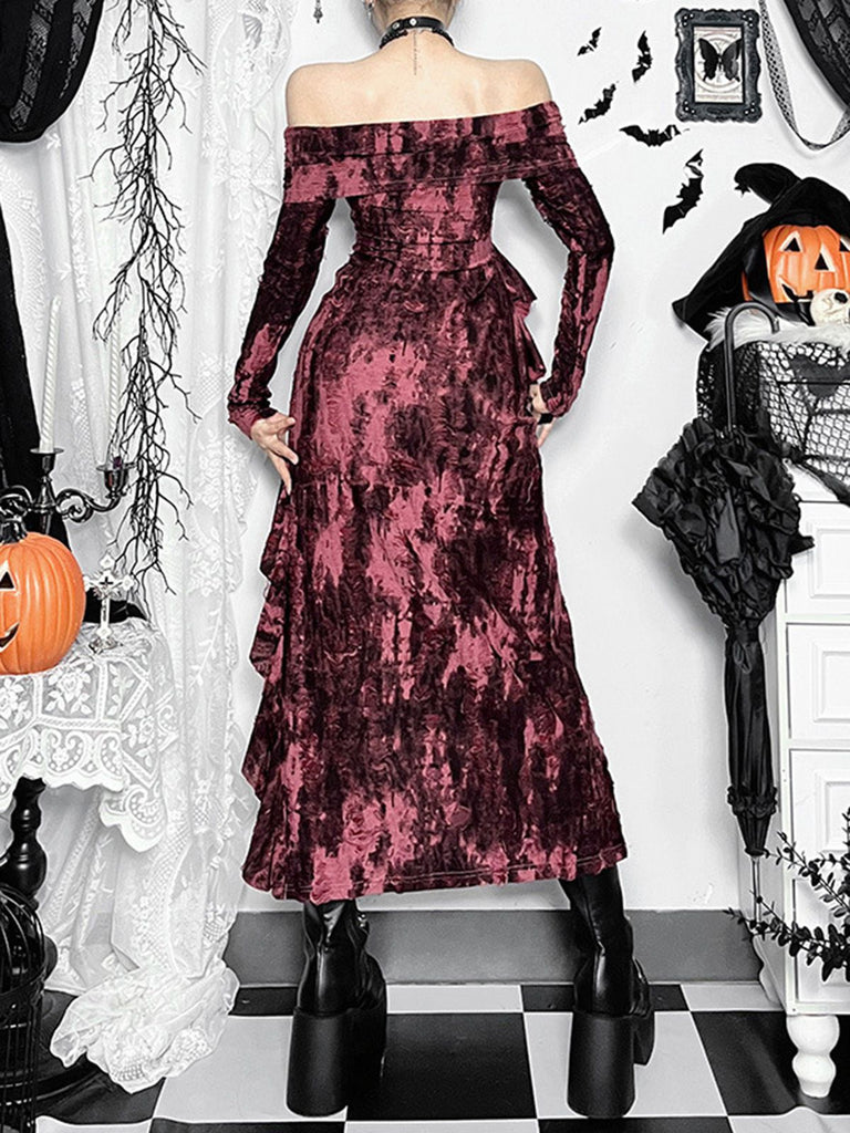 Dark Red 1980s Off Shoulder Distressed Dress