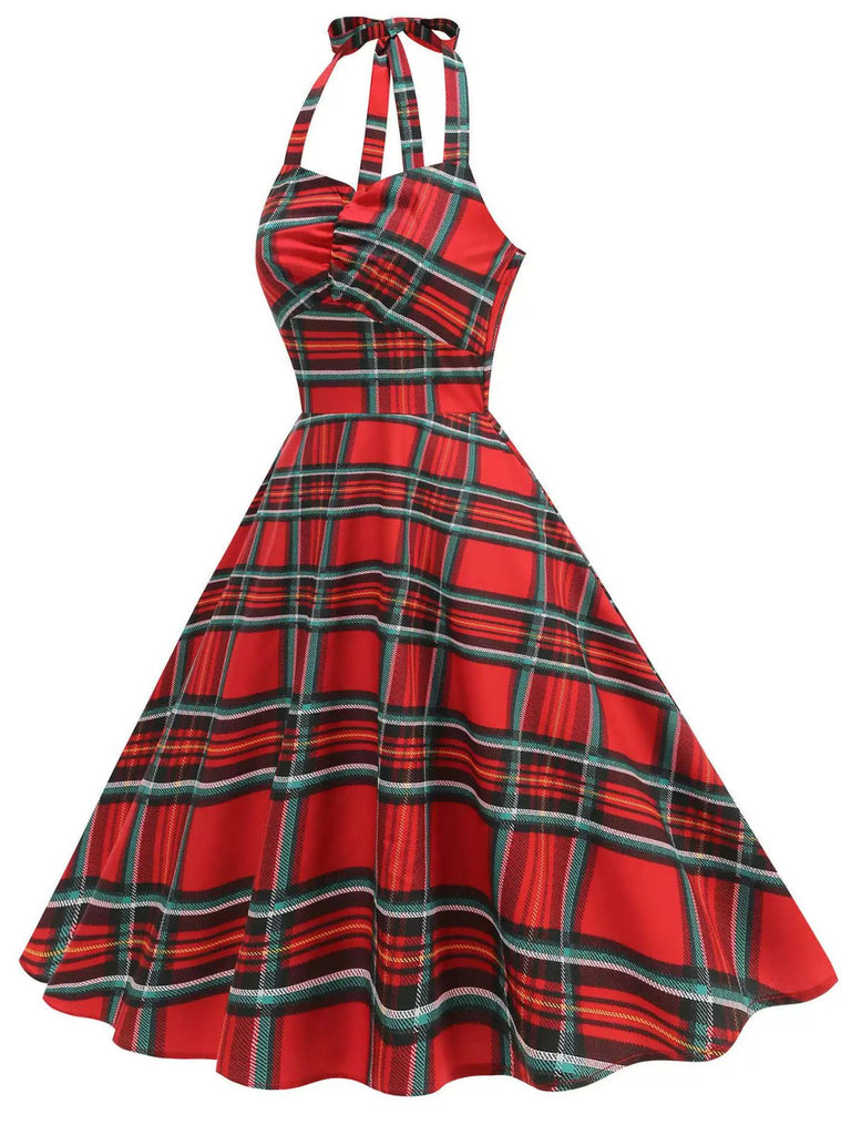 Red 1950s Halter Christmas Plaids Sleeveless Dress