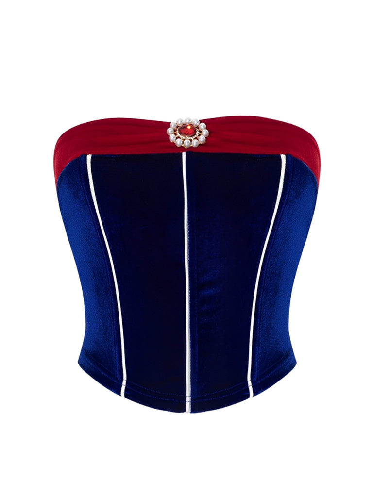 Blue 1970s Velvet Herringbone Snow White Tube Top