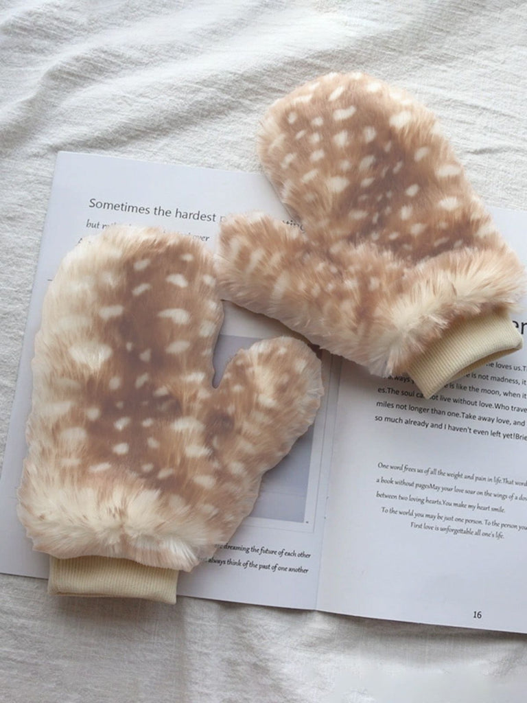 Brown Fawn Print Fur Mittens