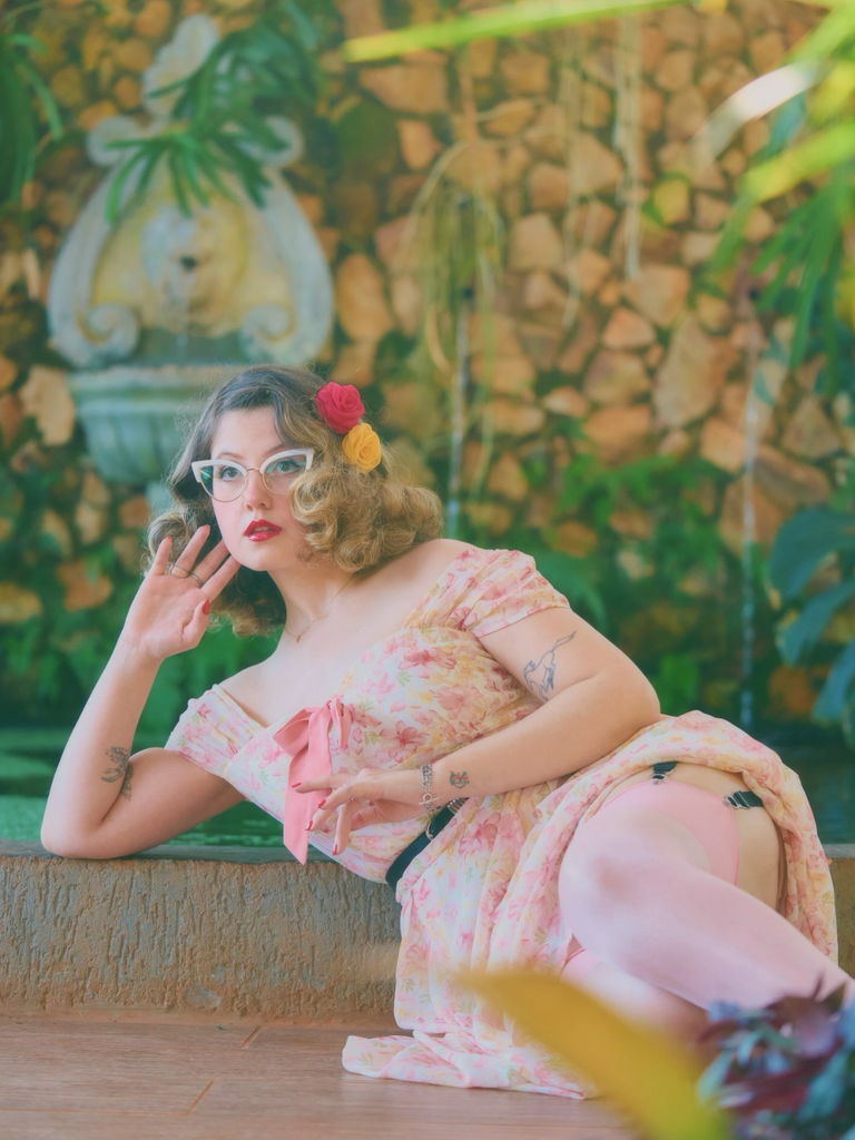 Pink 1950s Floral Sweetheart Neck Bow Dress