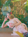 Pink 1950s Floral Sweetheart Neck Bow Dress