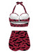Wine Red 1950s Bat Print Lace-Up Halter Swimsuit