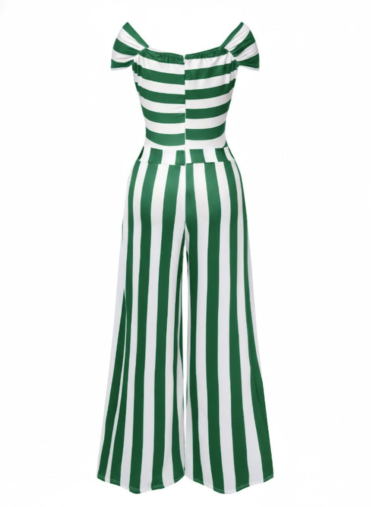 [Pre-Sale] Green 1960s Off-Shoulder Stripes Jumpsuit