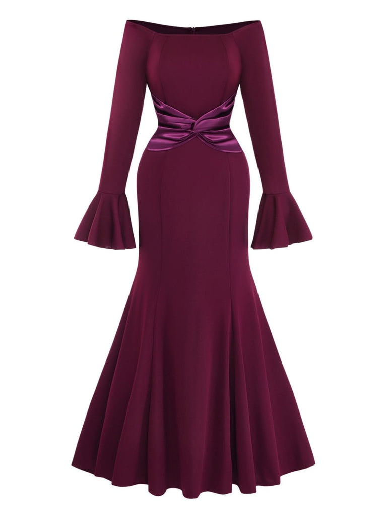 1930s Solid Off-Shoulder Pleated Bell Sleeve Dress