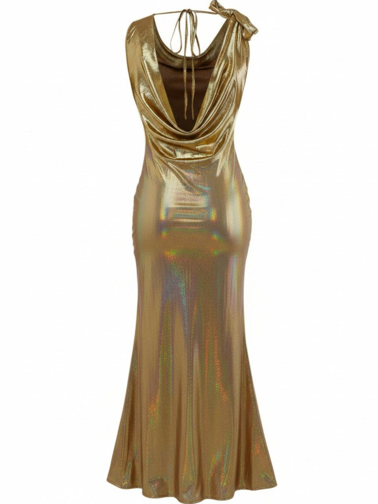Gold 1930s Metallic Textured Bow Cowl Neck Dress