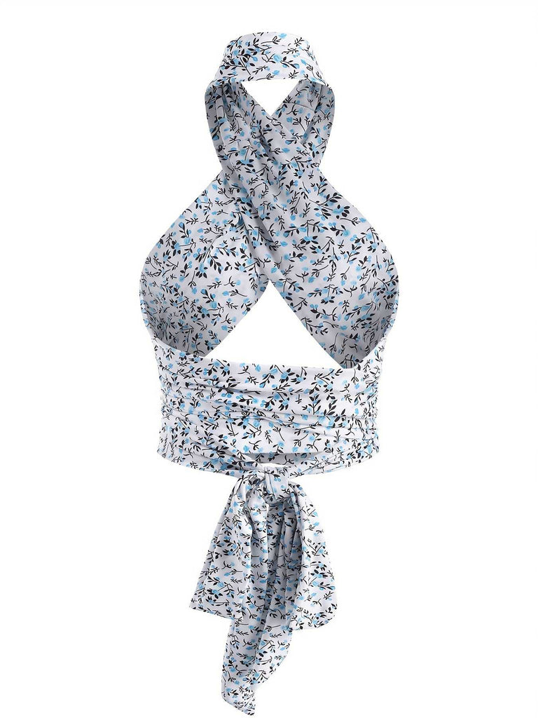 Blue 1950s Ditsy Floral Lace-Up Crop Camisole