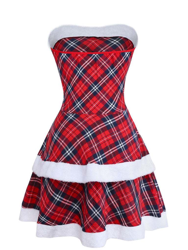 Red 1960s Plaid Strapless Patchwork Dress Set