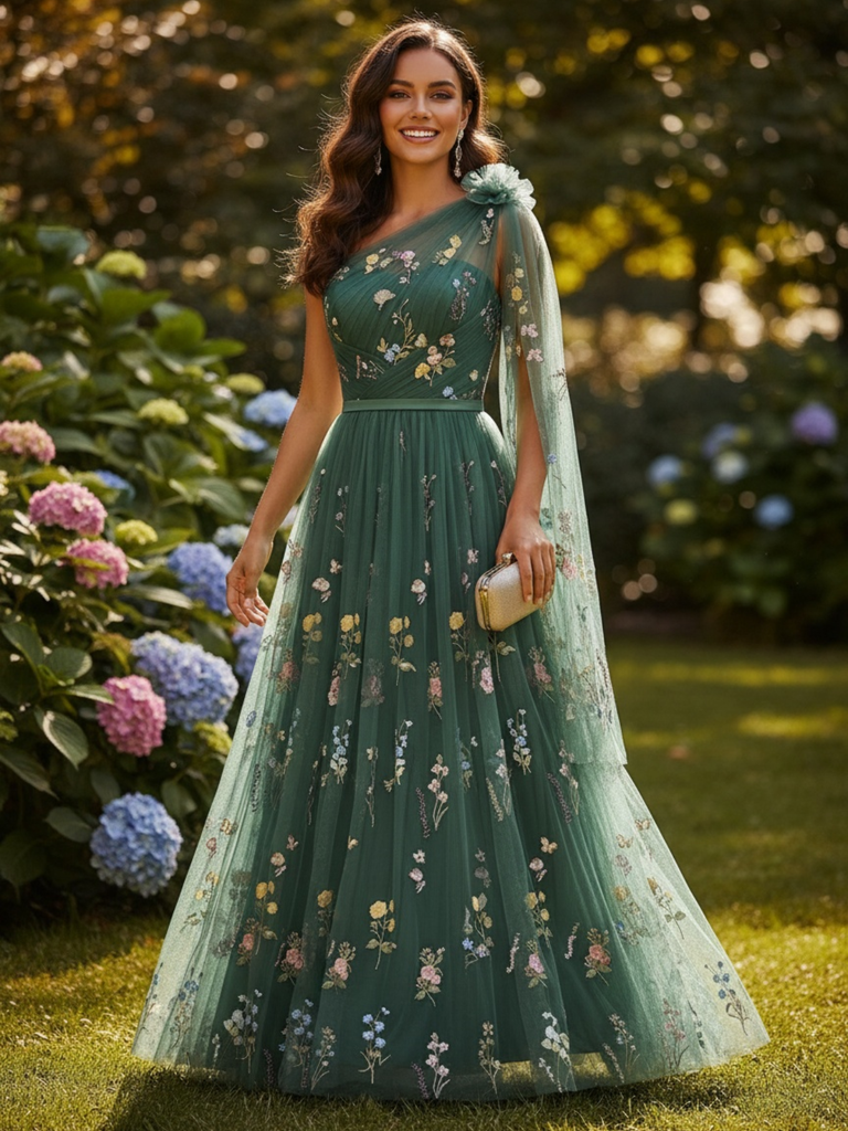 Green 1930s One-Shoulder Floral Embroidered Tulle Maxi Dress