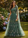 Green 1930s One-Shoulder Floral Embroidered Tulle Maxi Dress