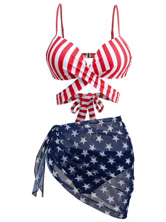 2PCS 1960s Red Striped Bikini Set & Blue Star Cover-Up