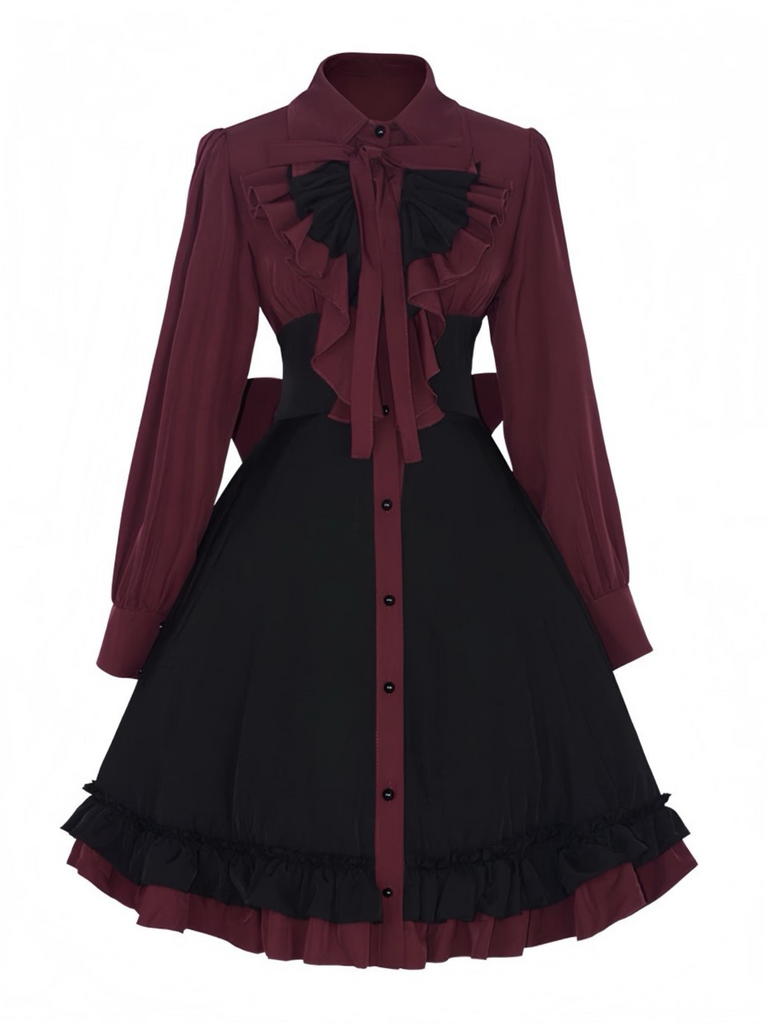 1950s Gothic Victorian Ruffled Bow Dress