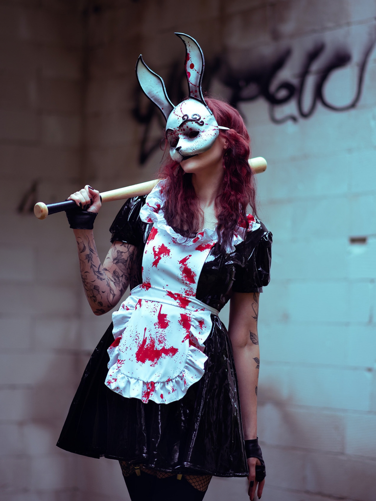 Black 1950s Halloween Patent Bloody Maid Dress