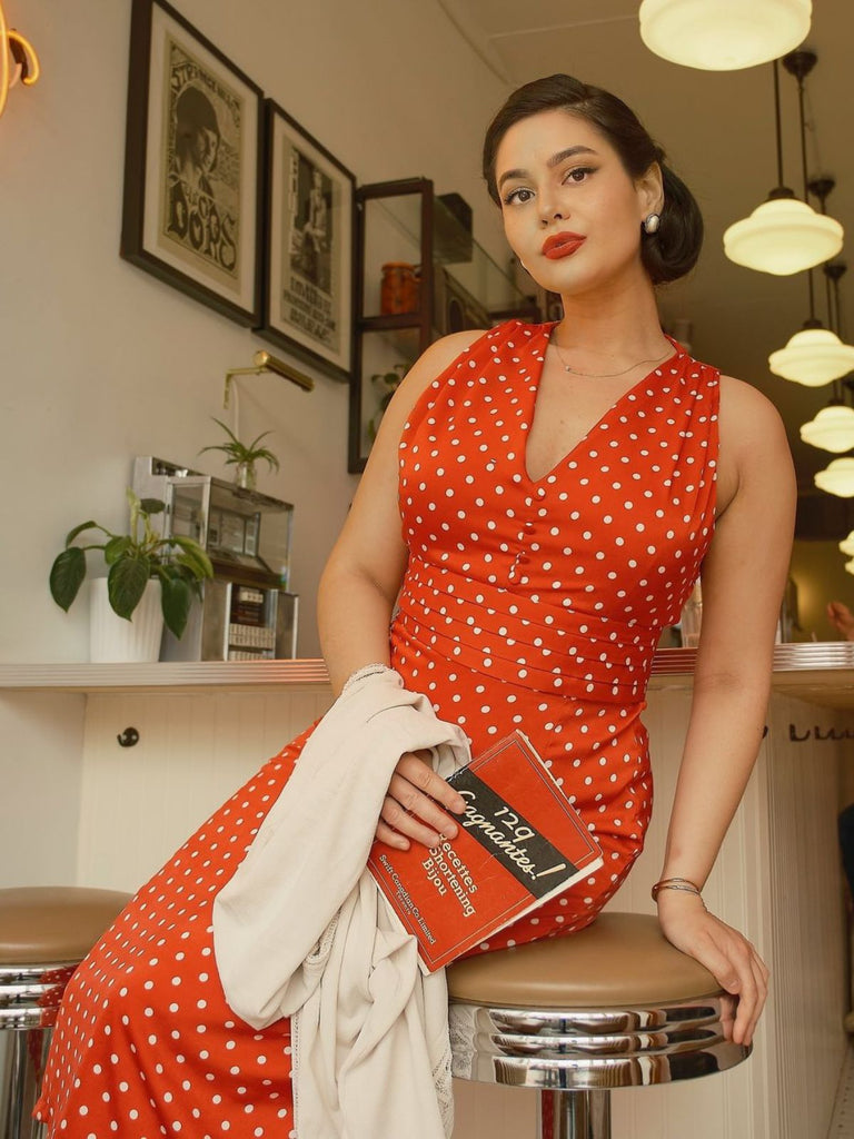 Red 1960s Dots V-Neck Pencil Dress