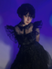 Black 1950s Halloween Organza Ruffled Lapel Dress
