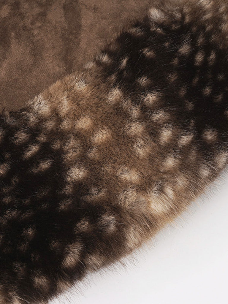 2PCS Brown 1980s Deer Faux Fur-Trimmed Crop Top & Skirt