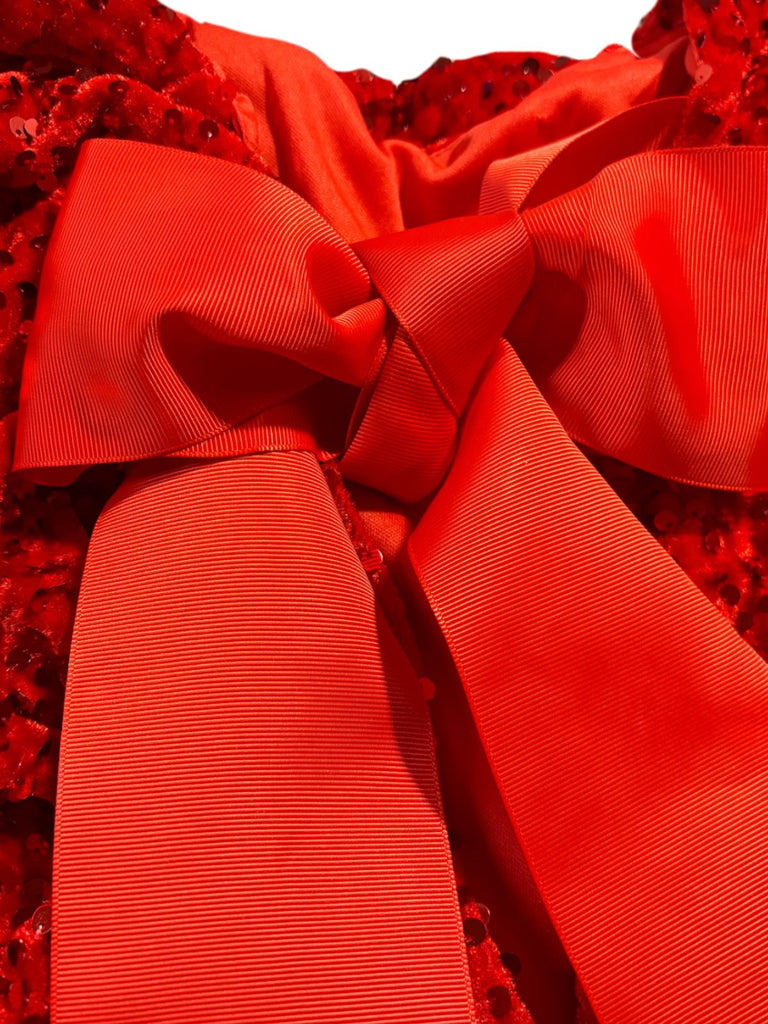 Red 1960s Sequined Bow Round Neck Long Sleeve Dress