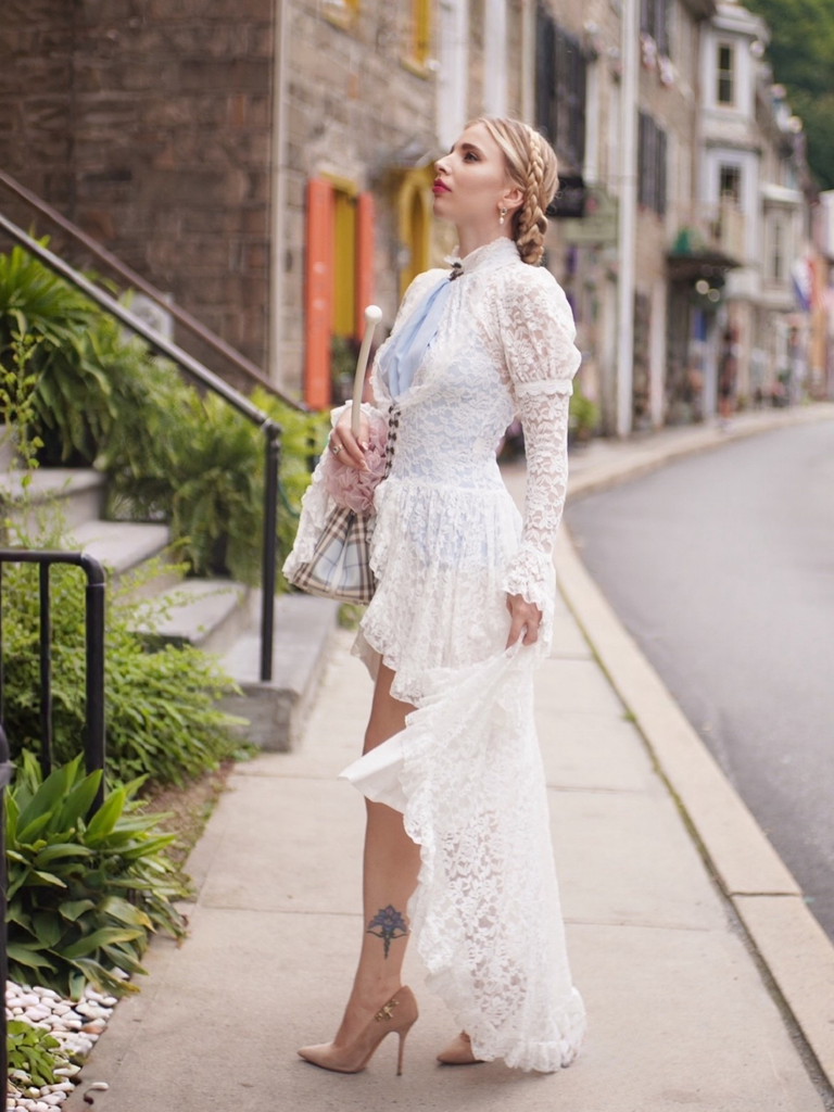 White 1980s Gigot Sleeve Victorian Lace Dress