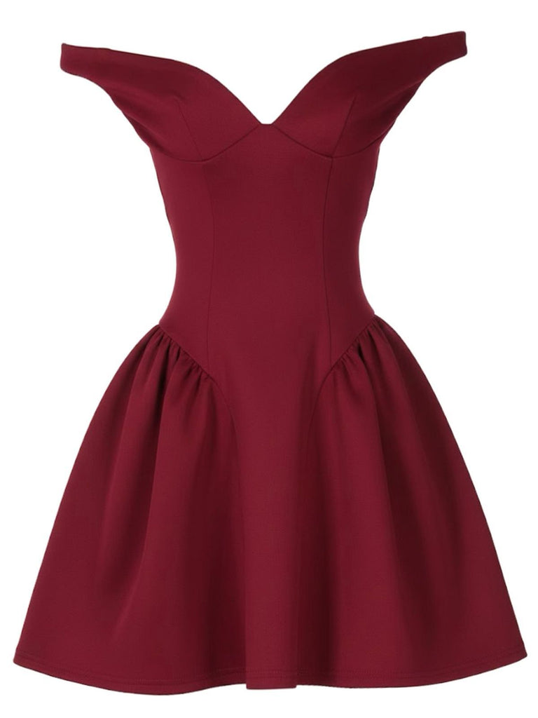 1970s Solid Off-Shoulder Deep V-Neck Skater Dress