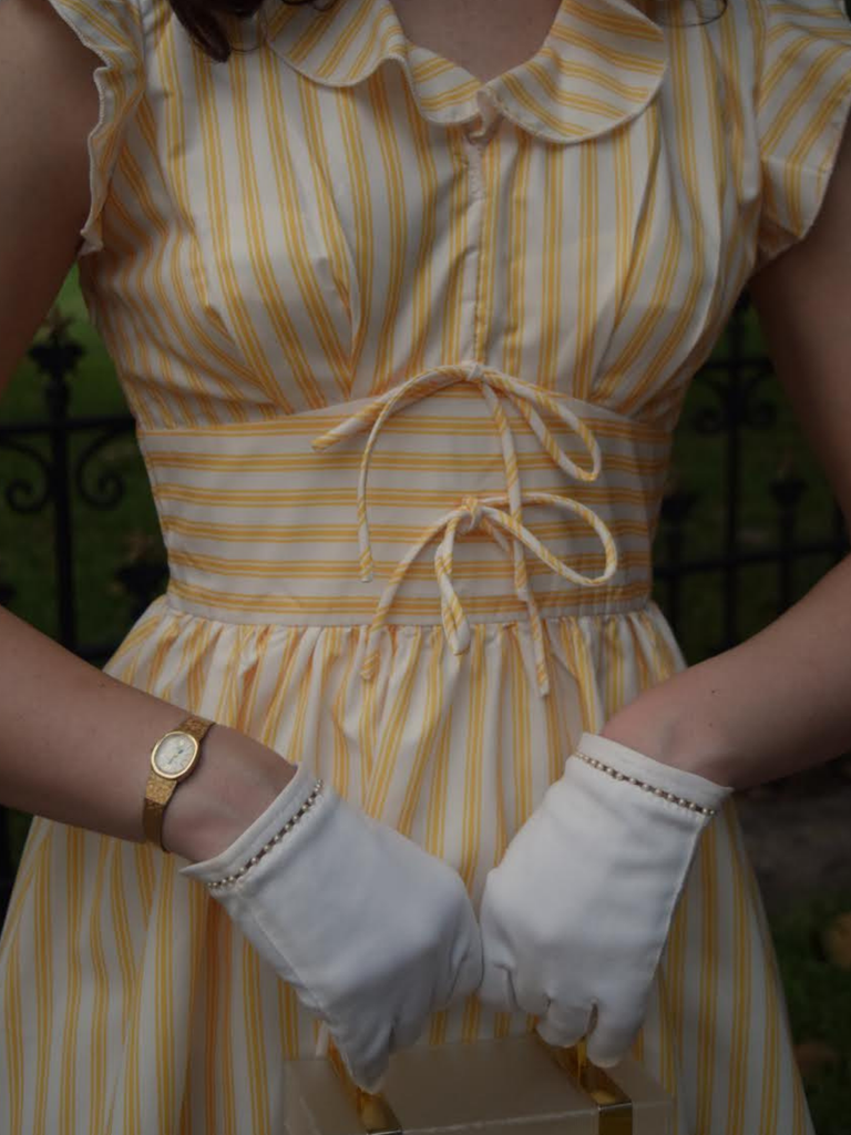 Light Yellow 1950s Stripe Ruffle Collar Tie Waist Dress