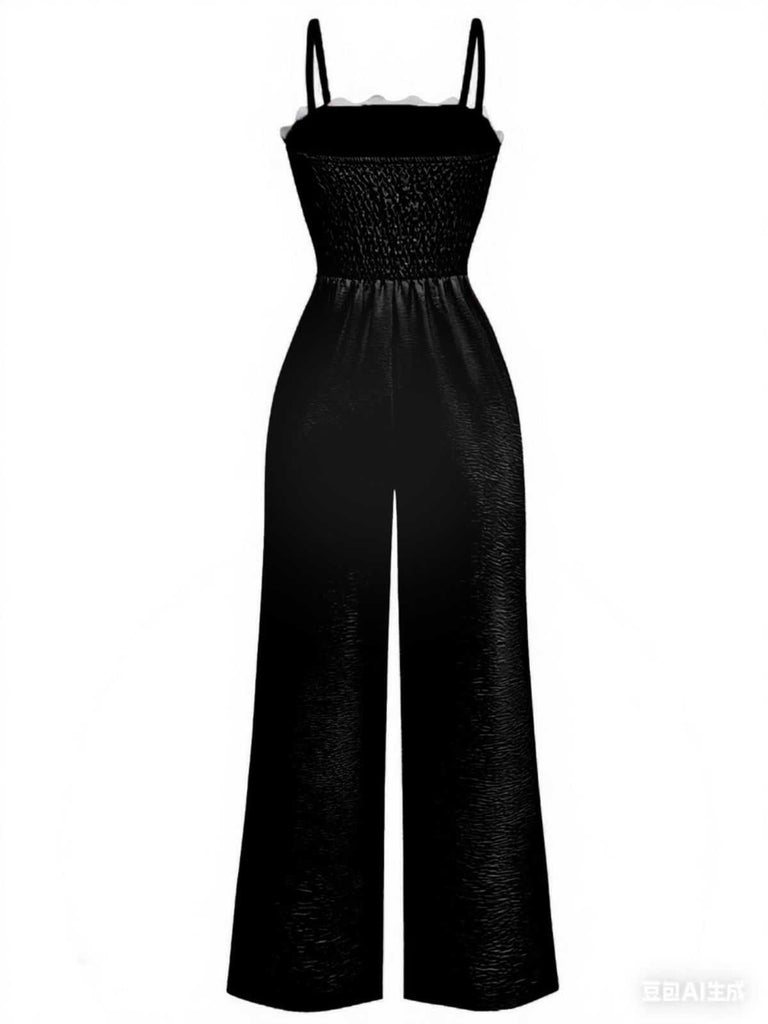 1970s Wave-Trim Spaghetti Strap Wide Leg Jumpsuit