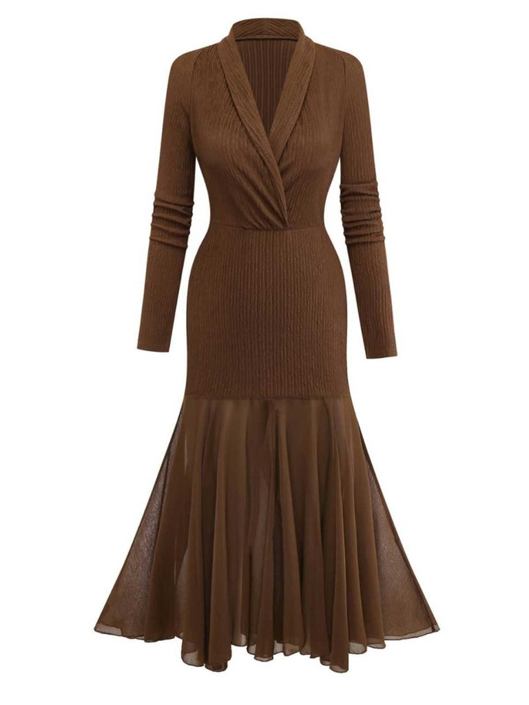 1930s V-Neck Textured Mesh Hem Mermaid Dress