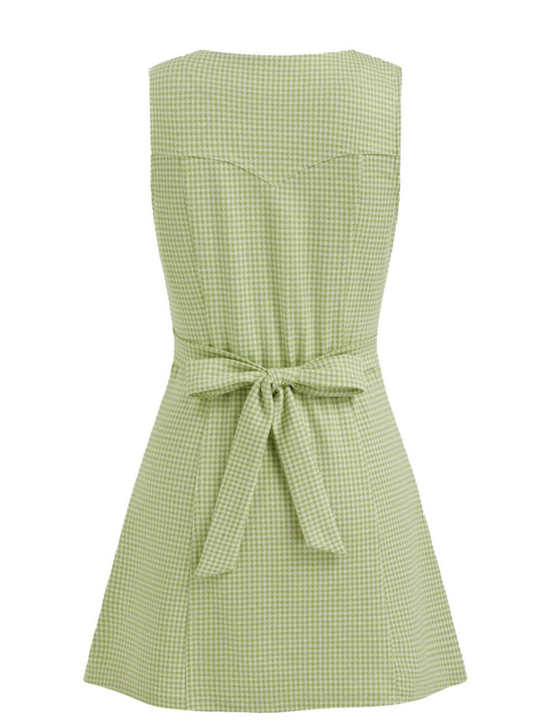 Green 1960s V-Neck Houndstooth Sleeveless Dress