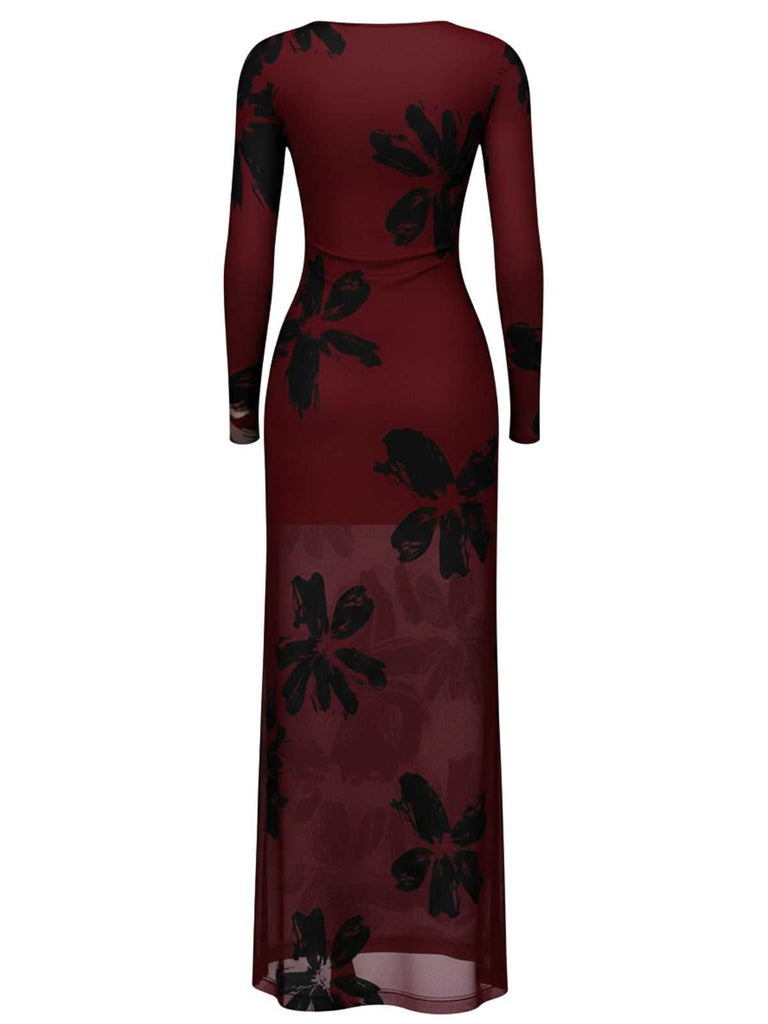 1930s Floral Mesh Long Sleeve Maxi Dress