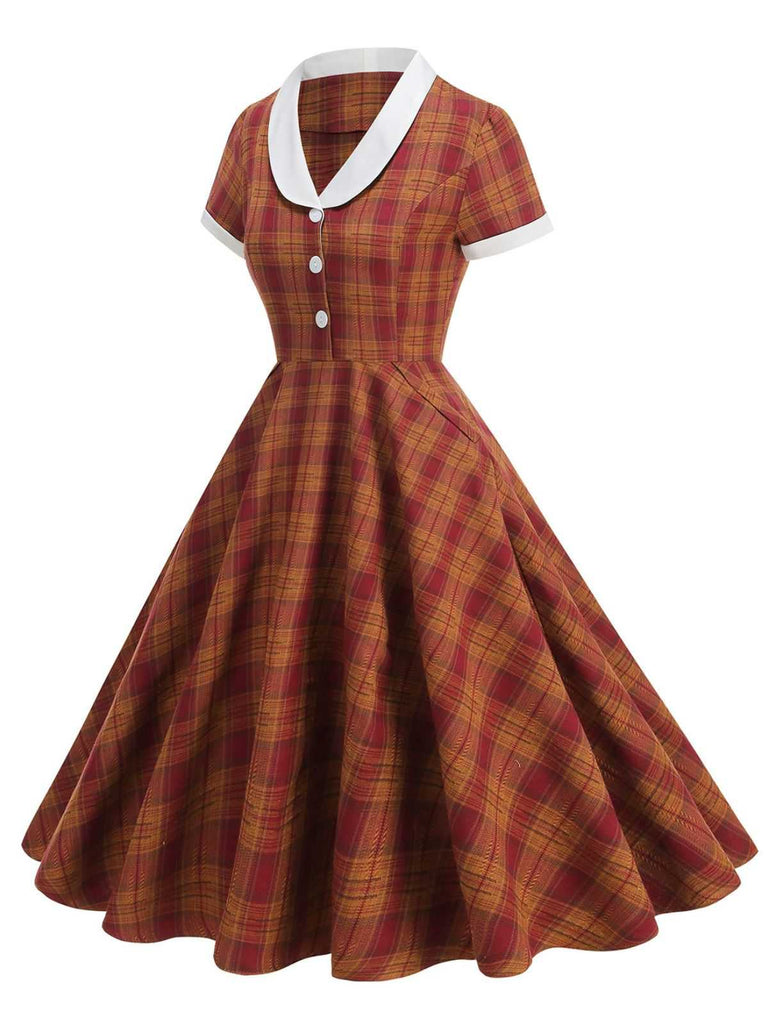 1950s Peter Pan Collar Plaid Swing Dress