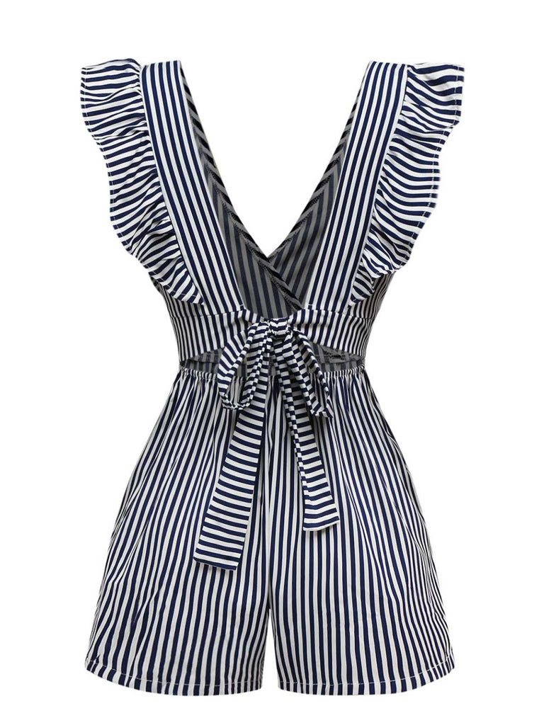 1930s V-Neck Contrast Stripes Ruffles Romper