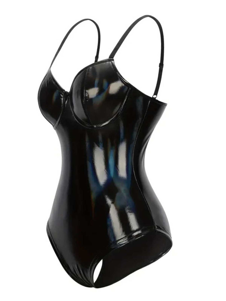 Black 1980s Spaghetti Strap Leather Bodysuit