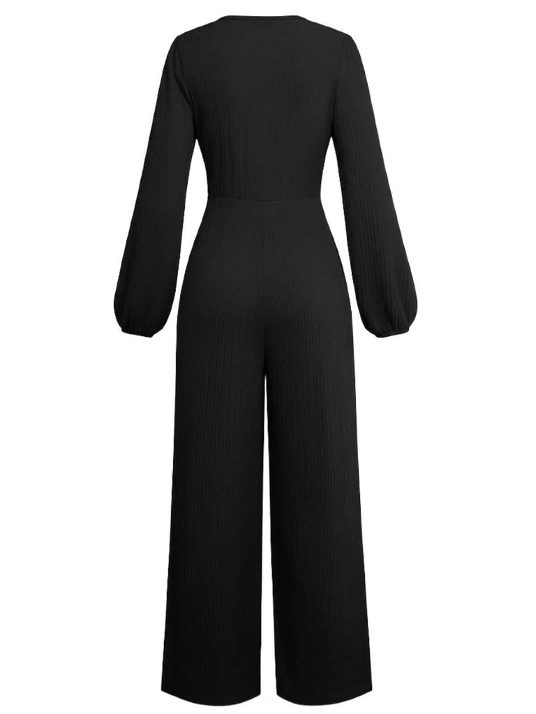 1970s V-Neck Solid Twist Long Sleeve Jumpsuit