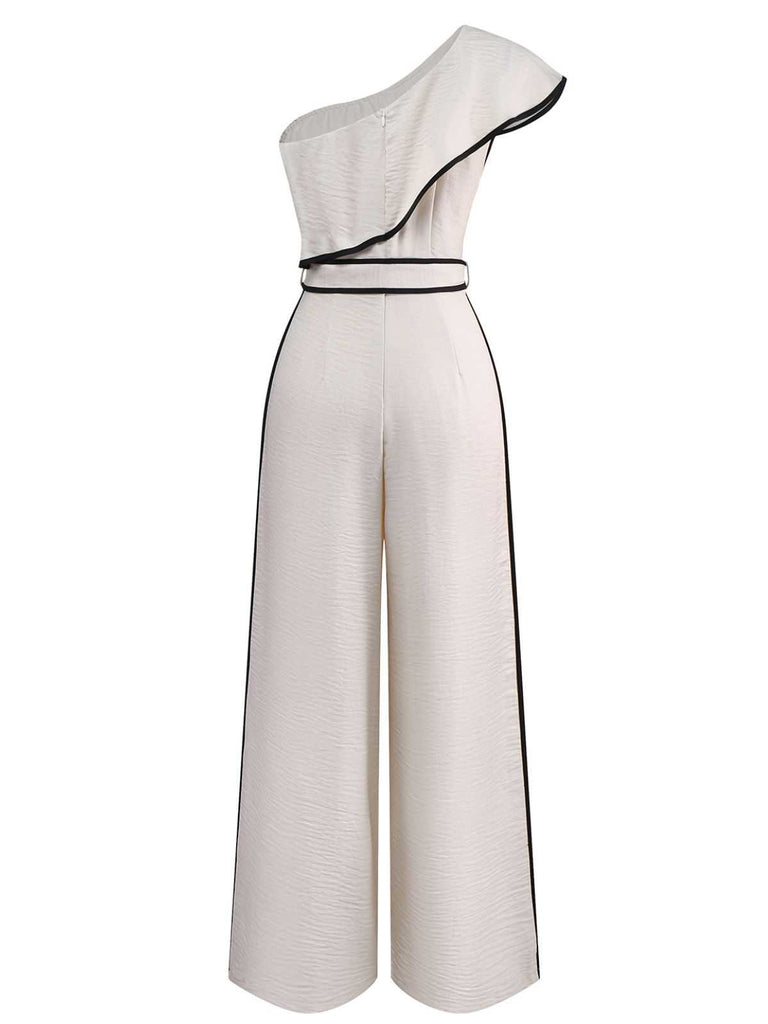 White 1970s One-Shoulder Ruffled Belted Jumpsuit