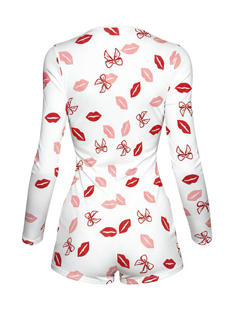 1980s V-Neck Heart Slip Print Romper Pajama