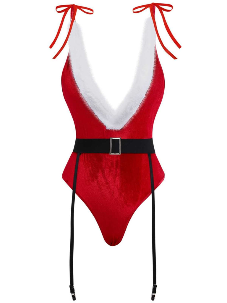 1970s Deep V-Neck Christmas Plush Bodysuit With Hat