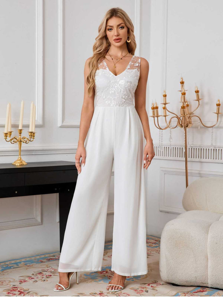 White 1970s Mesh Floral Embroidered Jumpsuit