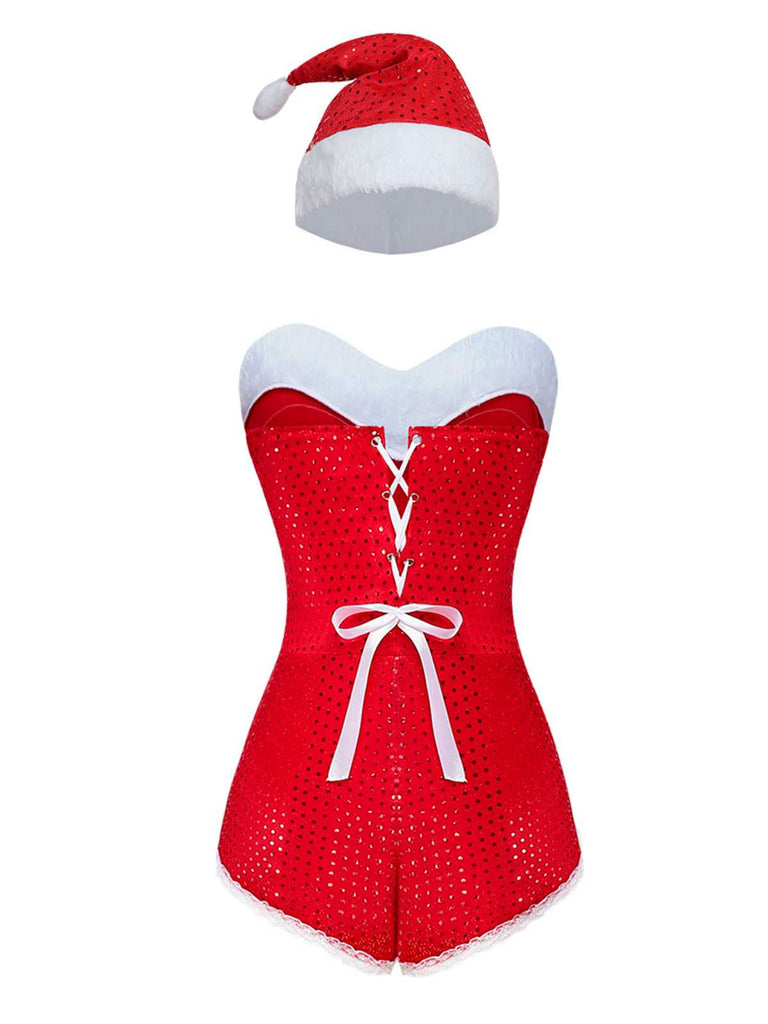 1980s Sequin Christmas Strapless Romper With Hat & Boot Covers