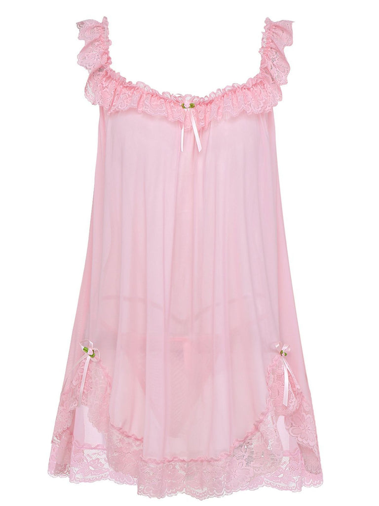 1950s Bow Lace Trim Sheer Mesh Babydoll Nightgown