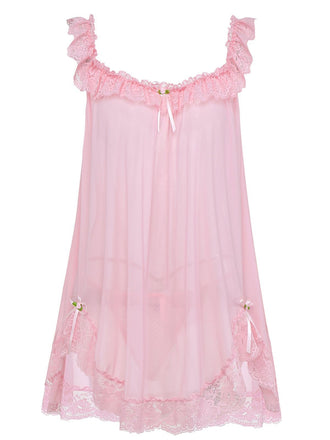 1950s Bow Lace Trim Sheer Mesh Babydoll Nightgown